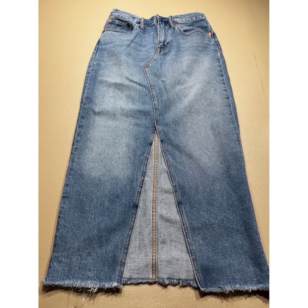 Madewell Denim Maxi Skirt Medium Wash Raw Hem Front Slit High‎ Rise MSRP:$138